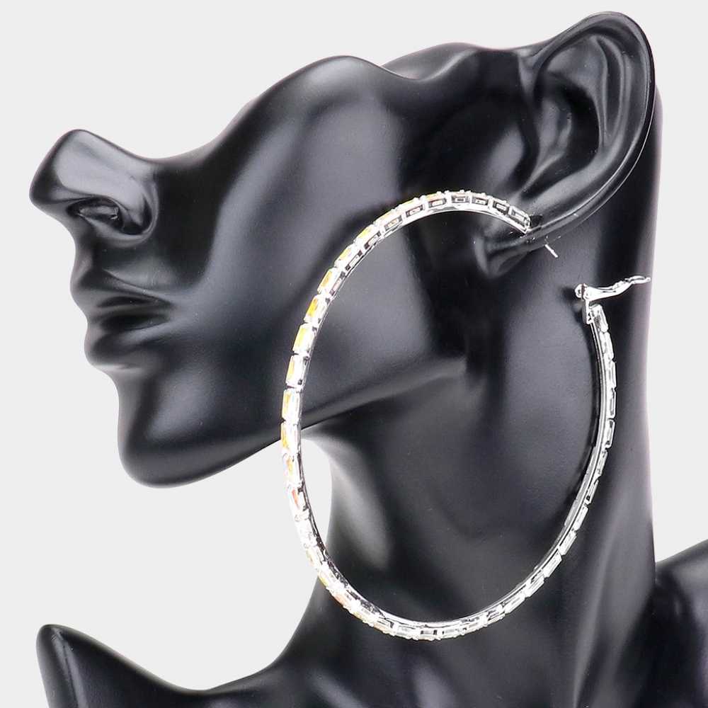 Silver Crystal 3.4" Rectangle Stone Round Big Hoop Earrings Rhinestone Bling